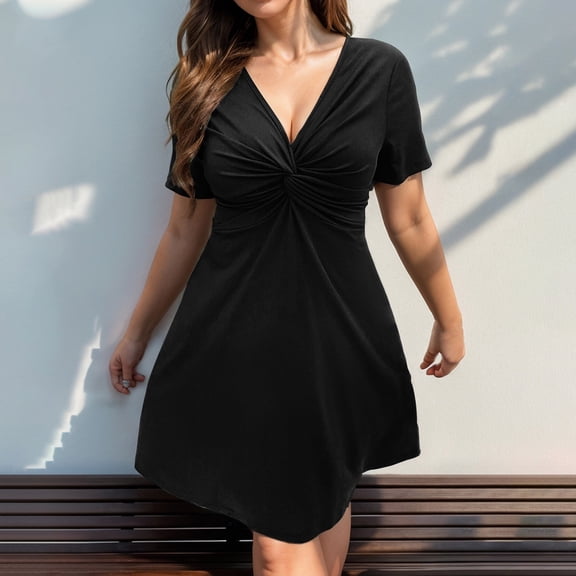 Maxi Dresses for Women Plus Size Women's Casual Plus-Size Short-Sleeved V-Neck Dress Black 3Xl