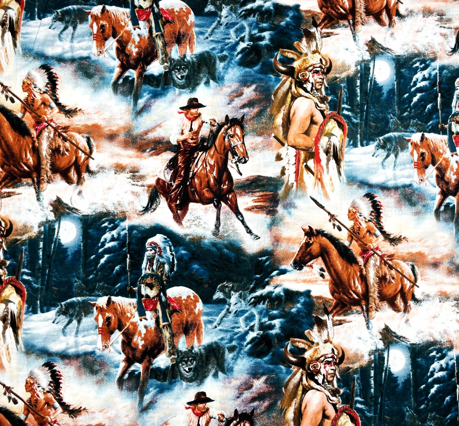1 Yard - Cowboys & Indians Horses & Wolves Western Scenic Cotton Fabric (Great for Quilting, Sewing, Craft Projects, Throw Pillows & More) 1 Yard X 44" Wide