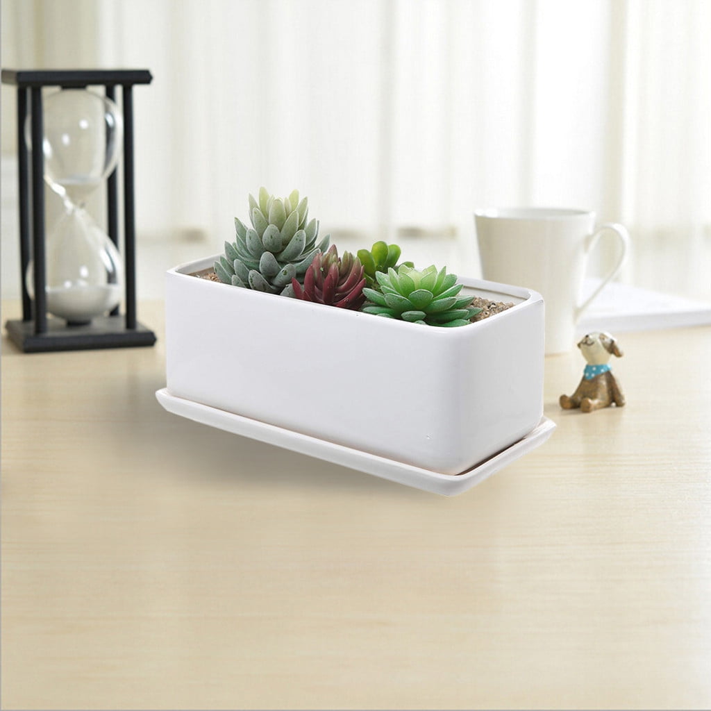 Ceramic Plant Planting Flower Pot Rectangular With Chassis White
