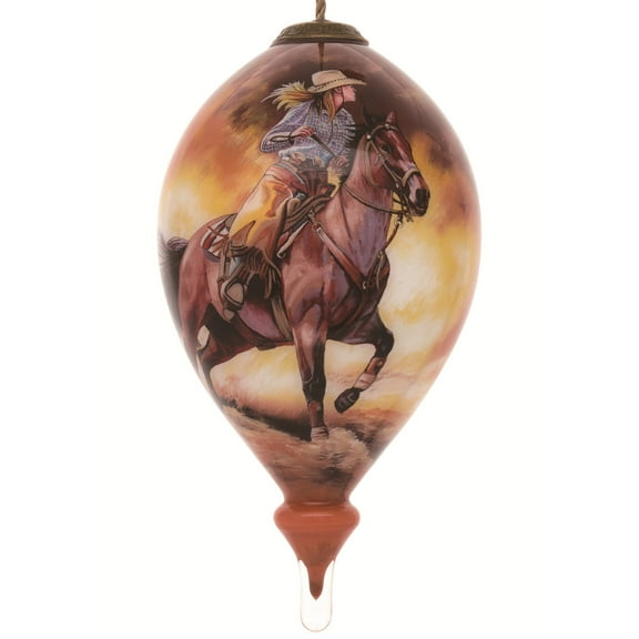 6" Brown and Yellow Riding Horse Cowgirl Hand Painted Mouth Blown Glass Hanging Christmas Ornament