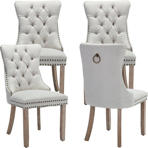 Linen Upholstered Dining Chairs Set of 4, Beige Mid Century Modern Dining Chairs, Kitchen & Dining Room Chairs with Wood Legs, Sillas de Comedor (Beige, 4 Pcs)