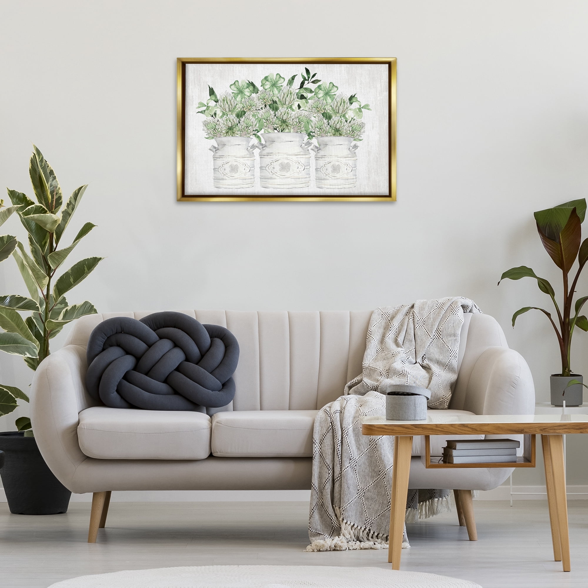 Stupell Industries Spring Potted Clovers Botanical & Floral Painting Gold Floater Framed Canvas Art Print Wall Art, 31 x 21