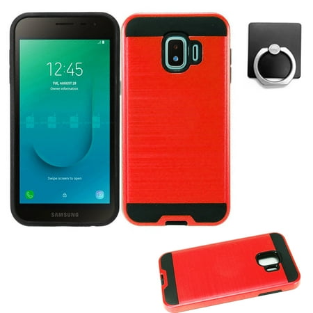 Phone Case For AT&T PREPAID Samsung Galaxy J2 Dash 16GB Prepaid Smartphone, J2 Shine Case, J2 Prue Case, J2 Core Case Slim Brush Shockproof Dual-Layered Cover (Slim Red + Ring Stand
