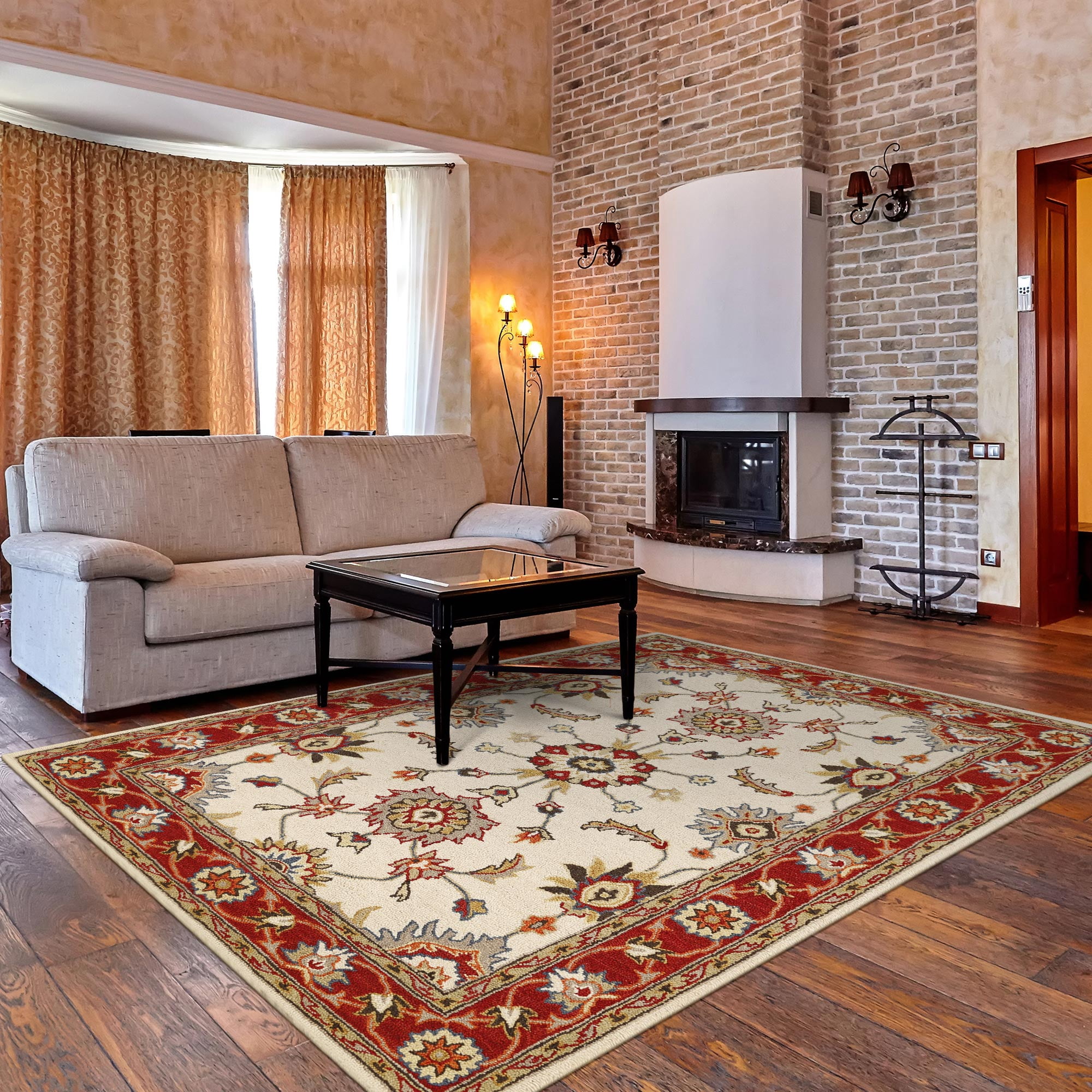 Ottomanson Agra Mahal 5x8 Indoor Handmade Wool Area Rug, 5' x 7'6", Beige/Red