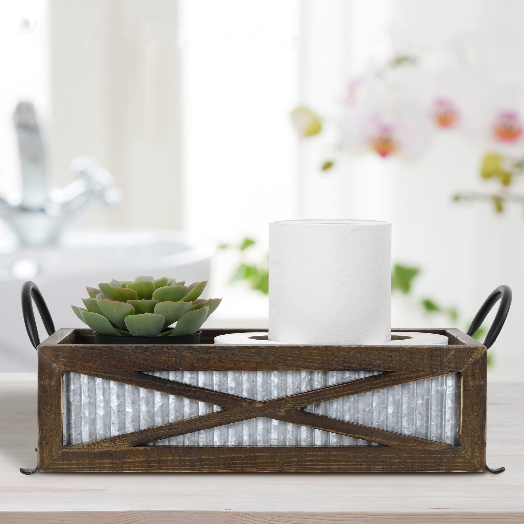 Autumn Alley Farmhouse Toilet Paper Basket for Back of Toilet - Farmhouse Toilet Paper Holder - Warm Brown Stain