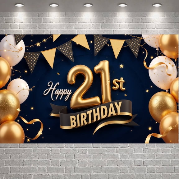Metallic Balloon Happy 21st Birthday Banner Dark Blue Background 21st Birthday Backdrop Golden Glitter Triangle Bunting Birthday Celebration Background for Adult Birthday Party Indoor Celebration