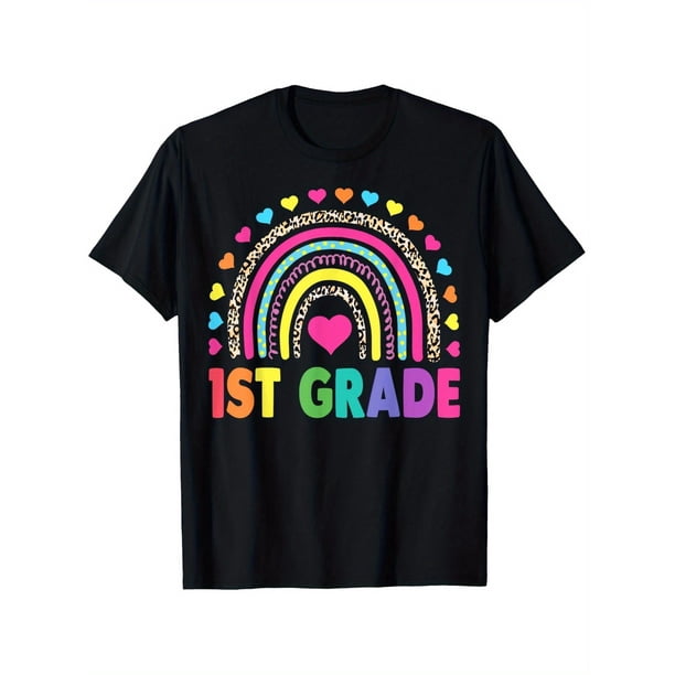 Camiseta de primer grado del equipo de maestros de arcoíris para niñas y niños, manga corta con estampado de dibujos animados, cuello redondo lavable a máquina para niños y niñas.