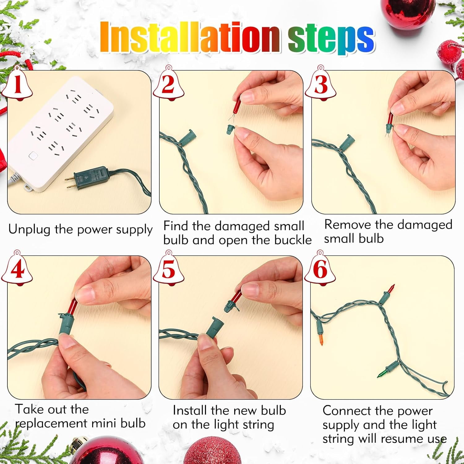 PYYAN-240 Pcs Christmas Replacement Mini Light Bulbs with Green Base Christmas Tree Incandescent Wire String Lights Replacement Bulbs for Xmas Indoor Outdoor Decoration(Multicolor,6v X 0.08a)