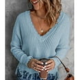 thumbnail image 3 of Women V Neck Long Sleeve Knit Sweater Fashionable Autumn Winter Off Shoulder Women Casual Loose Pullover Sweater Light Blue XXL, 3 of 6