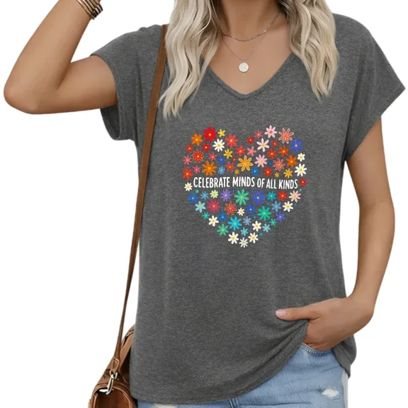 UNISHE Womens V-Neck Cap Sleeve Graphic Tee Celebrate Minds Of All Kinds Loose Fit Casual Summer Shirt