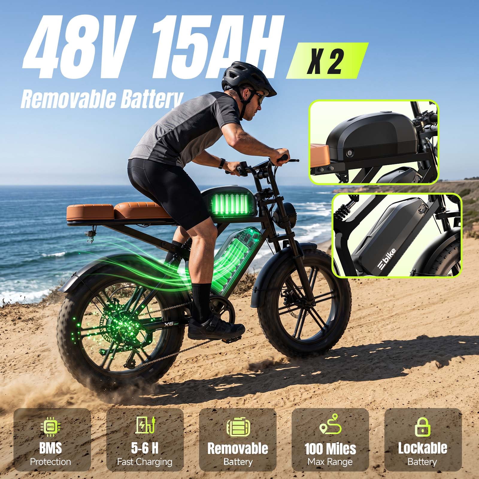 SISIGAD Electric Bike for Adults, 750W Motor 100 Miles Range Ebike with 48V 30Ah Dual Battery, 20"x4.0" Fat Tire E Mountain Bike for Age 16+, UL2849