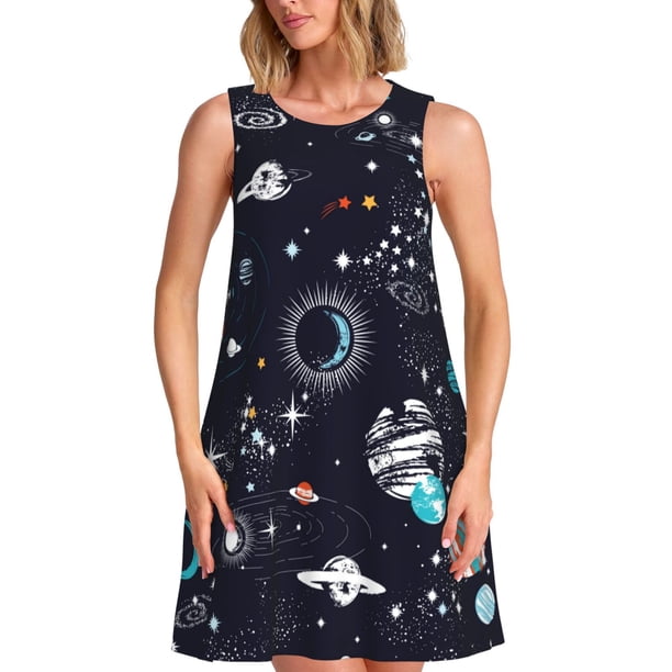 Balery Galaxy2 Vestidos de verano para mujer con estampado: vestido holgado sin mangas, vestido playero informal y cómodo para días calurosos.