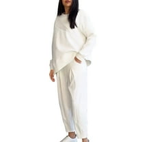 ZACPNCV Women's Solid Color Casual Round Neck Loose Irregular Long Sleeved Pocket Pants Set White