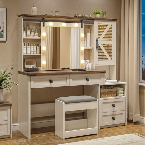 EnHomee Vanity Set with Slding Mirror and Lights Vanity Desk with 4 Wooden Drawers & 3-Tier Storage Shelf & Charge Station Farmhouse Dressing Table for Girl, Stool Not Included, White
