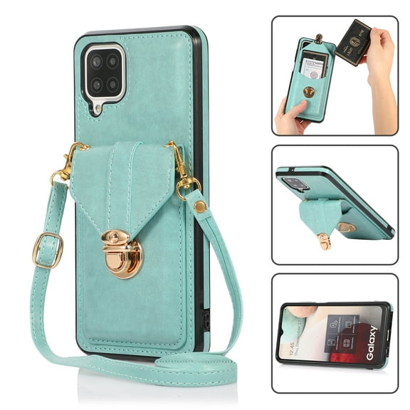 Crossbody Wallet Women Case for Samsung A42 5G,[RFID Blocking] Credit Card Holder with Should Strap,Premium PU Leather Purse Metal Buckle Folio Flip Cover for Samsung Galaxy A42 5G, Green