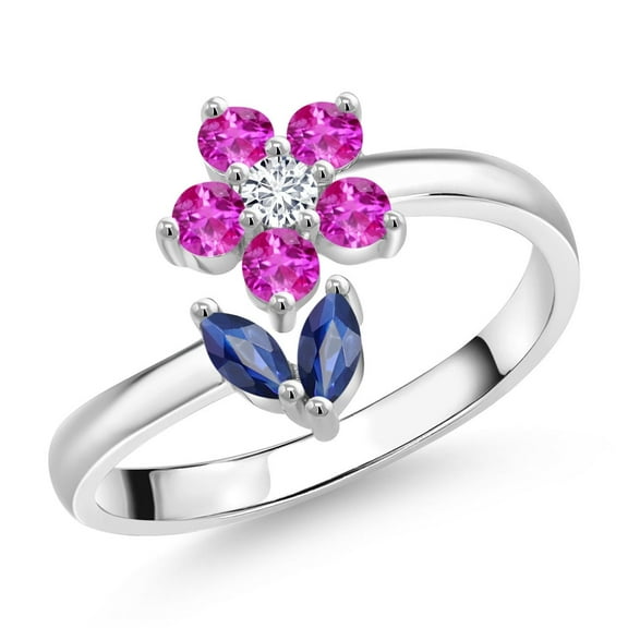 Gem Stone King 925 Sterling Silver Blue Sapphire Pink Sapphire and White Lab Grown Diamond Flower Open Ring for Women (0.51 Cttw, Gemstone September Birthstone, Size 9)
