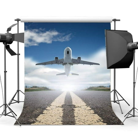 Image of ABPHOTO Polyester 5x7ft Airplane Take Off Backdrop Blue Sky White Cloud Highway Grass Nature Spring Journey Photography Background for Lover Adults Photo Studio Props