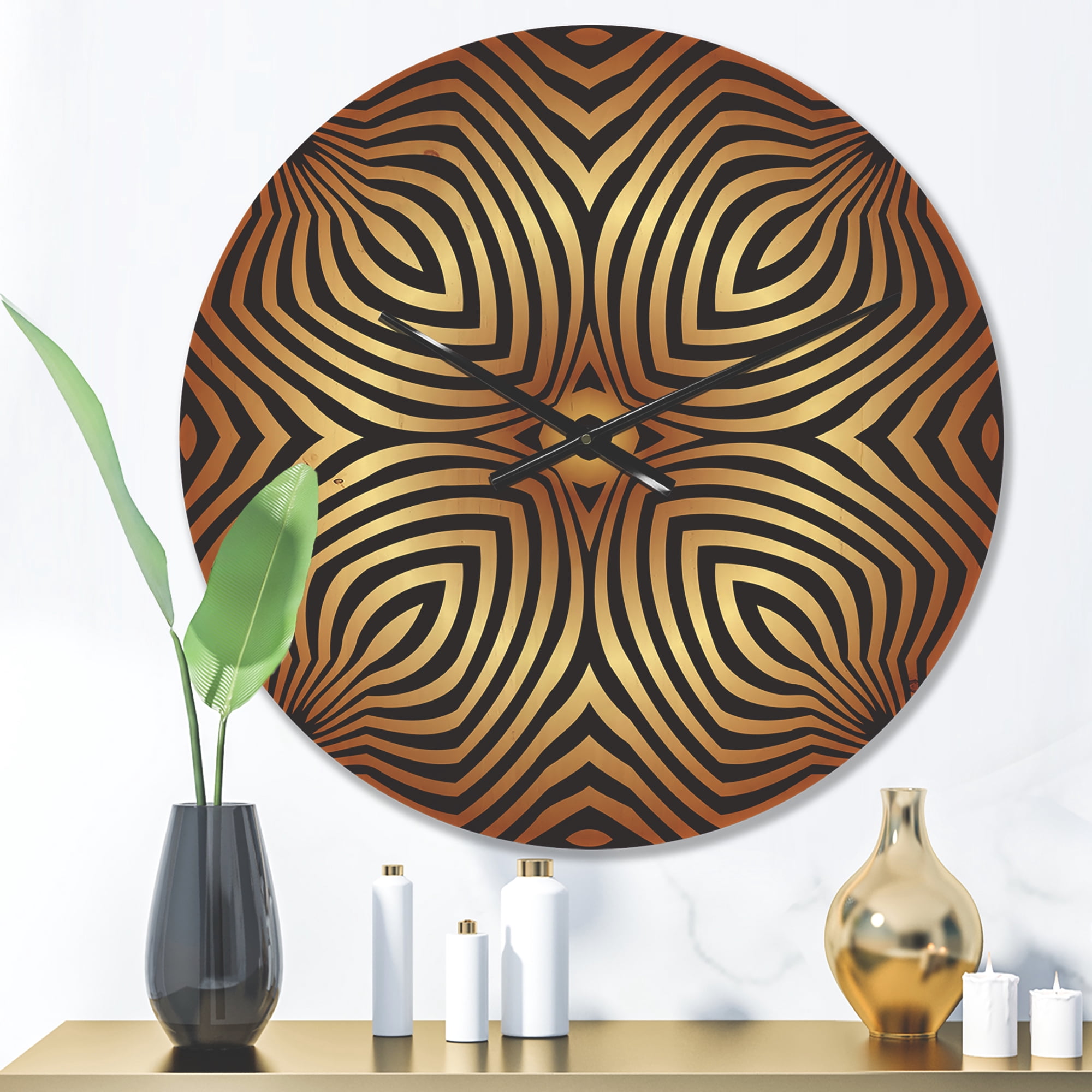 Designart 'Gold and Black Convex Symmetrical Ellipse ' Modern Wood Wall Clock