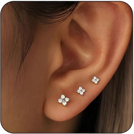 DESIGNICE 3 Pairs 14K Gold Plated Stud Earring Sets for Women Dainty 925 Sterling Silver Earrings for Multiple Piercing Tiny Cartilage Tragus Post Cute Earrings Stacks Jewelry