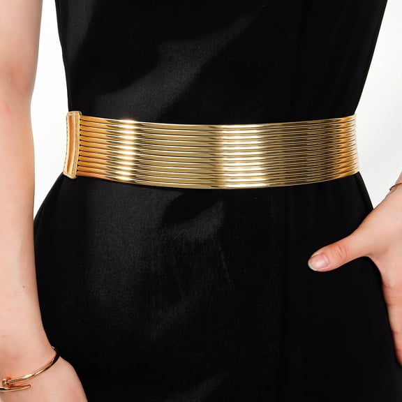 Women Gold‑Tone Metal Strip Wide Elastic Waist Cummerbund, Double Snap Decorative Waist Belt, Stretch Waistband for Dresses, Coats and Formal Outfits, 26 in Length
