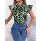 thumbnail image 3 of Blusa con estampado de leopardo y volantes con lazo y mangas cortas para fiestas y viajes de verano en color verde, 3 of 8