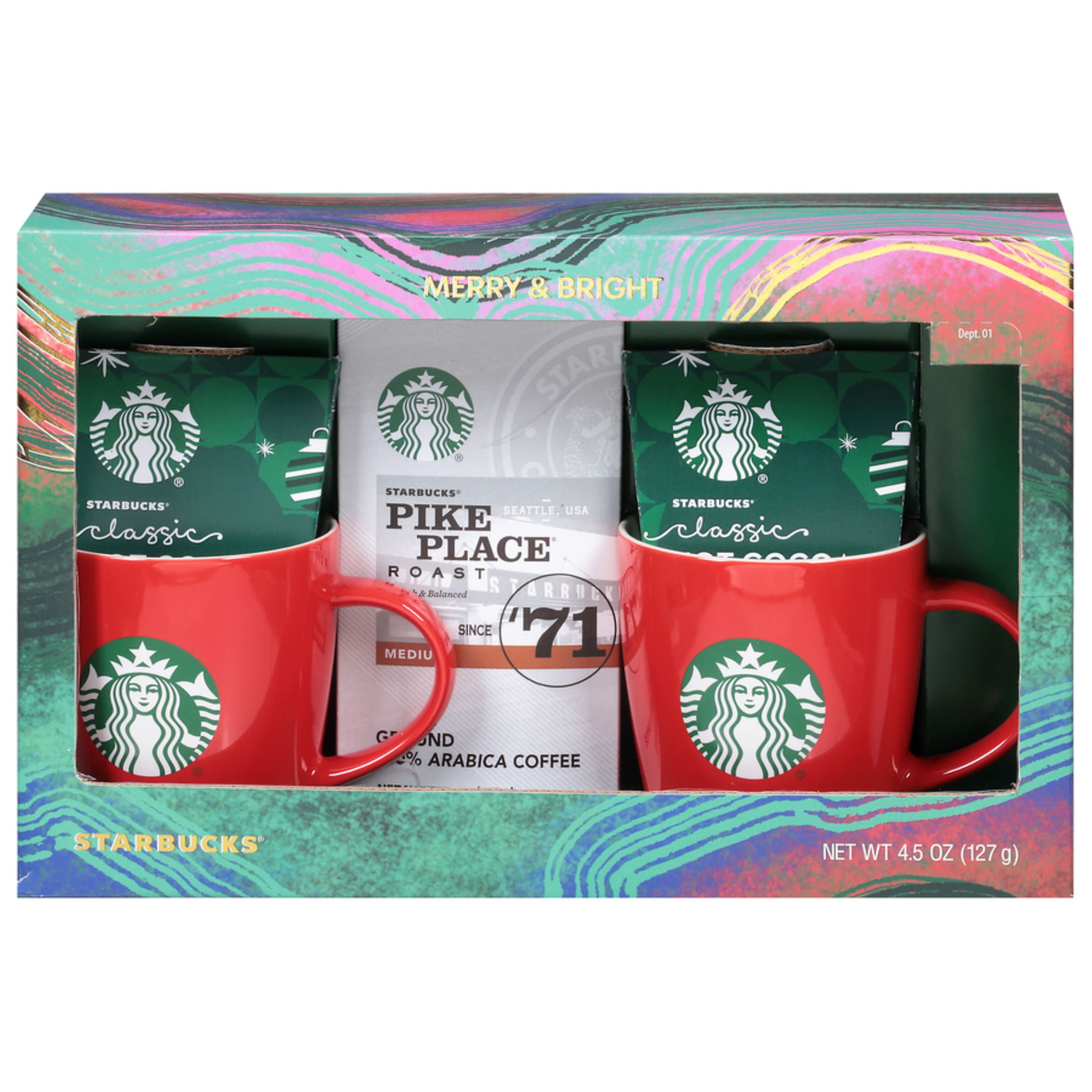 Merry and Bright Starbucks  Holiday Gift Pack with Ceramic mugs, Starbucks Classic Hot Cocoa and Starbucks Pike Place Roast Coffee