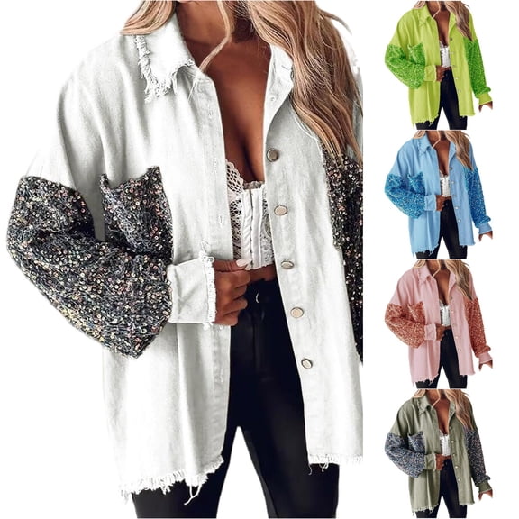 Unir Oversized Sequin Sleeve Denim Jacket for Women, Frayed Edge Button Down, Casual Everyday Long Sleeve Outerwear, 1 Piece, S-XXL, Plus Size Friendly
