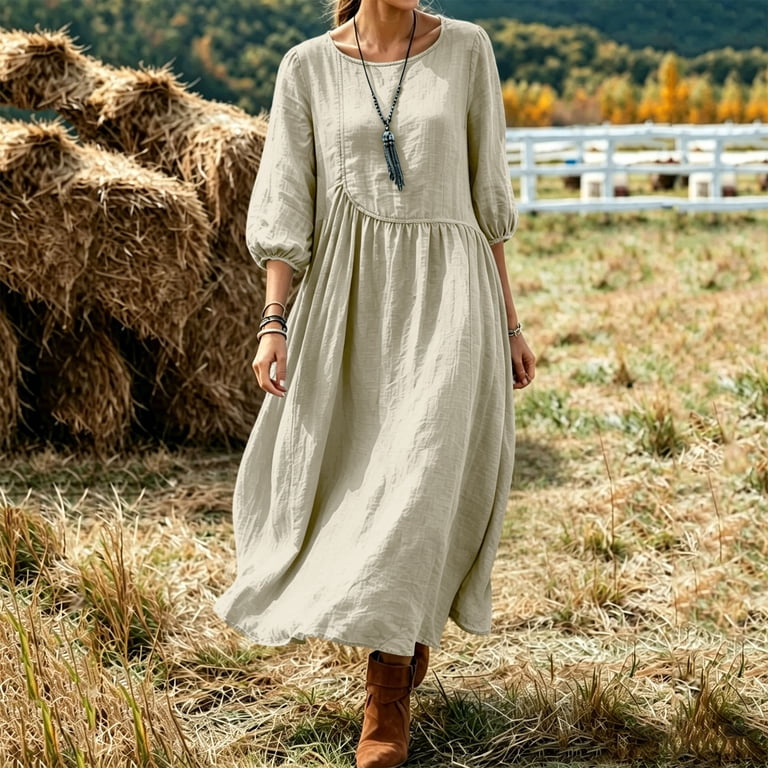 flowy mid calf dresses Oksale 3/4 Sleeve Dress for Women Summer A Line Length Casual Round Neck Pleated Linen Dress Beach Sundress 2026 Wine XL Style Season Description:WINTER 2015 DELIVERY 3