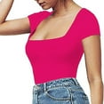 thumbnail image 3 of Siilsaa Women's Square Neck Bodysuit Short Sleeve Shirt Tops Hot Pink,XL, 3 of 5