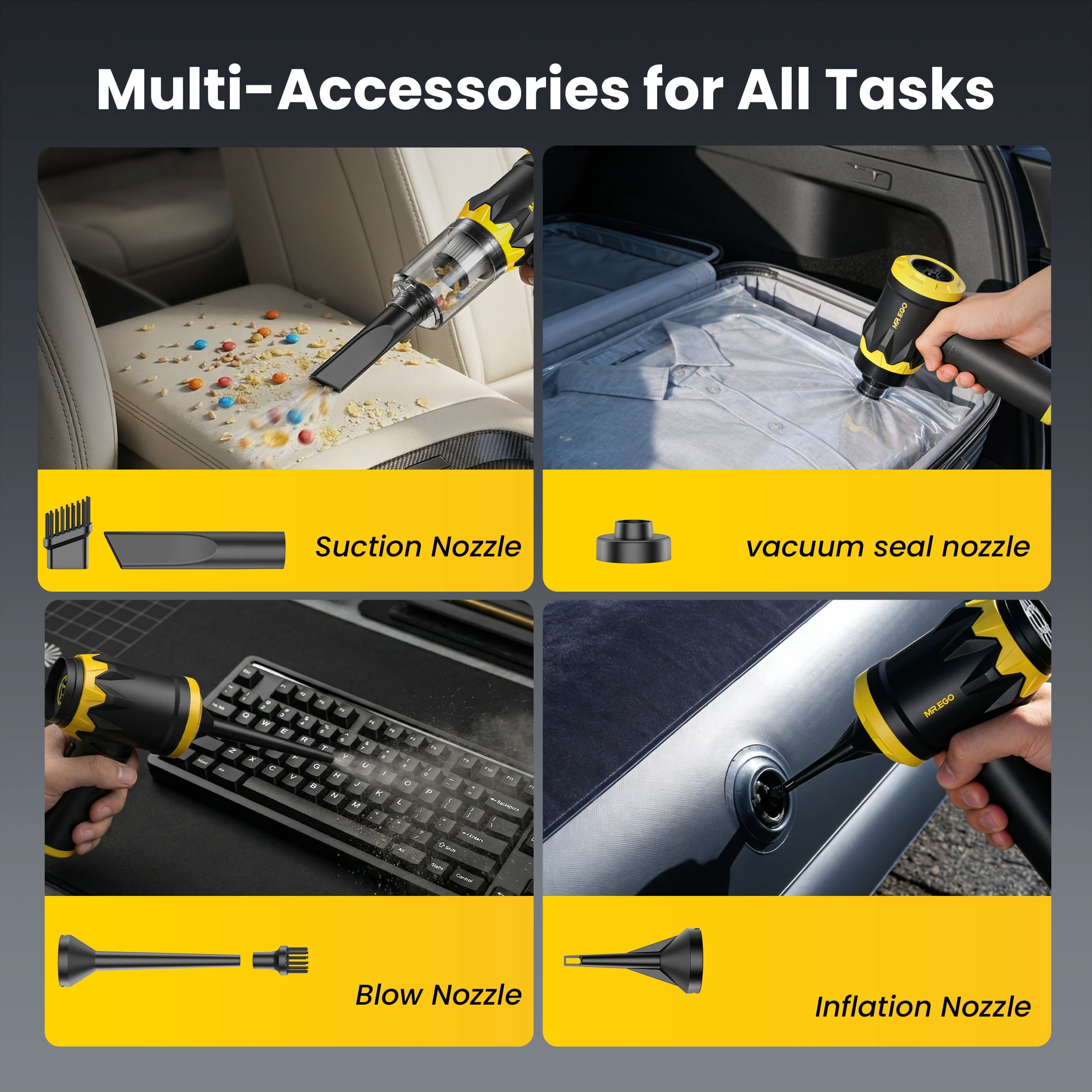 MR.EGO Handheld Car Vacuum Portable Cordless, 18500Pa Hand Held Vacuum Cleaner and Air Duster, 4-in-1 Mini Vacuum with Multi-Nozzles for Small Jobs, Car, Home, Desk, Keyboards