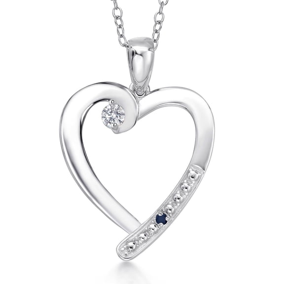 Gem Stone King 925 Sterling Silver Lab Grown Diamond and Blue Sapphire Heart Pendant Necklace for Women | 0.18 Cttw | Gemstone April Birthstone | Round 3.5MM | With 18 inch Chain
