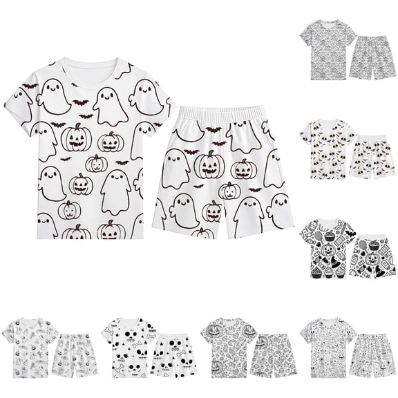 CUZIBR Boys Outfits 2 12 Years Comfortable Round Neck Short Sleeve Tee Top Elastic Waist Shorts Pajama Set Halloween Print Casual Loungewear Clothes Sets,a-White,7-8 Years