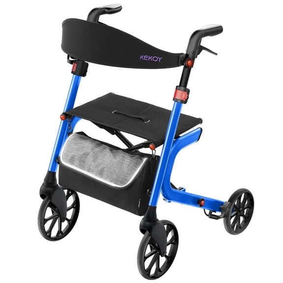 KEKOY Rollator Walker with Seat for Seniors, Foldable Walker for Seniors 400 lbs, Reinforced K-Frame, Hidden Brake Cables, 10" TPR All-Terrain Wheels, 8-Level Adjustable Height, Blue