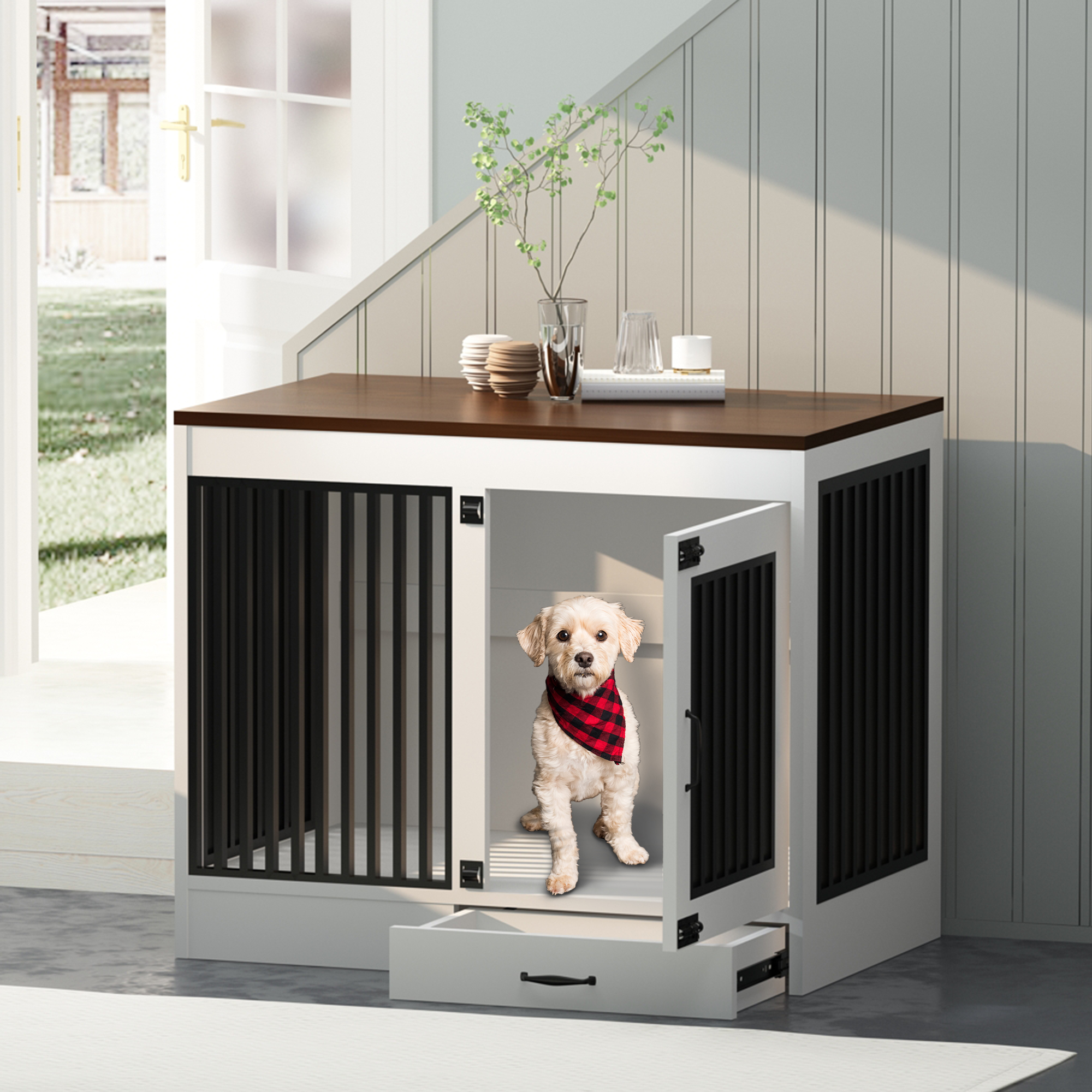 yookare White Pet Home, Heavy Duty Furniture Dog Crate, End Table with Pull-Out Drawer, Large
