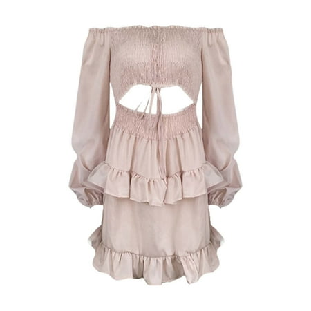 Spentoper Summer Temperament Commute Mid Waist Dress Beauty Retro Temperament Long Sleeve Solid Color Tube Top Sleeve Dress Summer Temperament Commute Mid Waist Dress Pink L