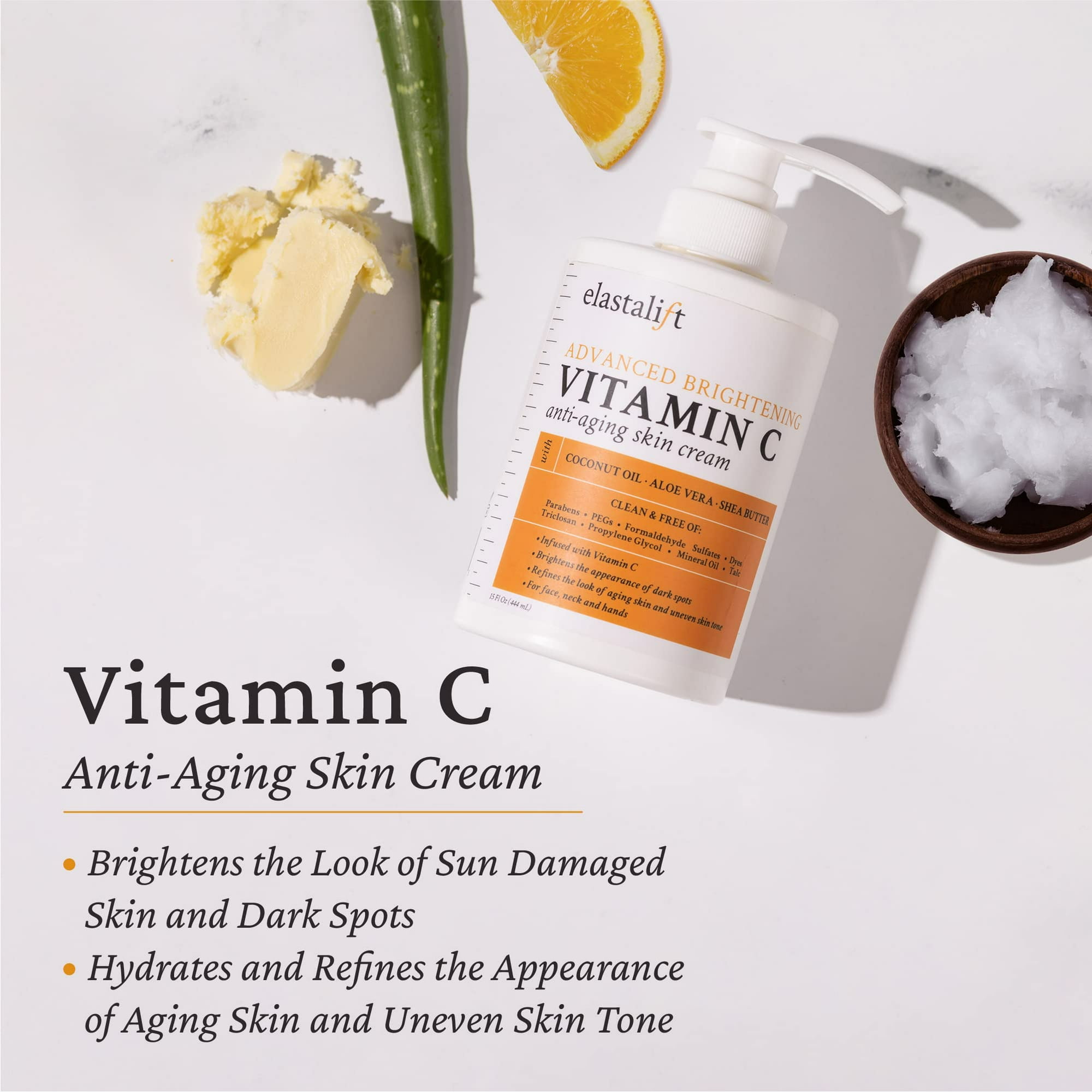 Elastalift Vitamin C Face & Body Brightening Cream Moisturizing Skin Care Lotion, Anti Aging Vitamin C Skincare Moisturizer For Body, Neck, Hands, Age Spots, Wrinkles, & Sun Damaged Skin, 15 Fl Oz