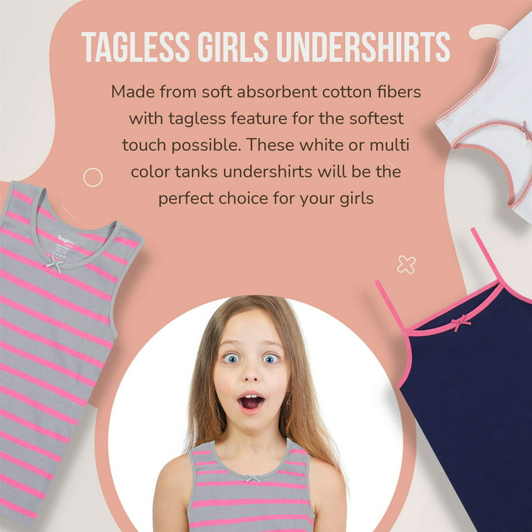 Buyless Fashion Girls Tagless Cami Scoop Neck Undershirts Cotton Tank Tops  With Trim and Strap (4 Pack)