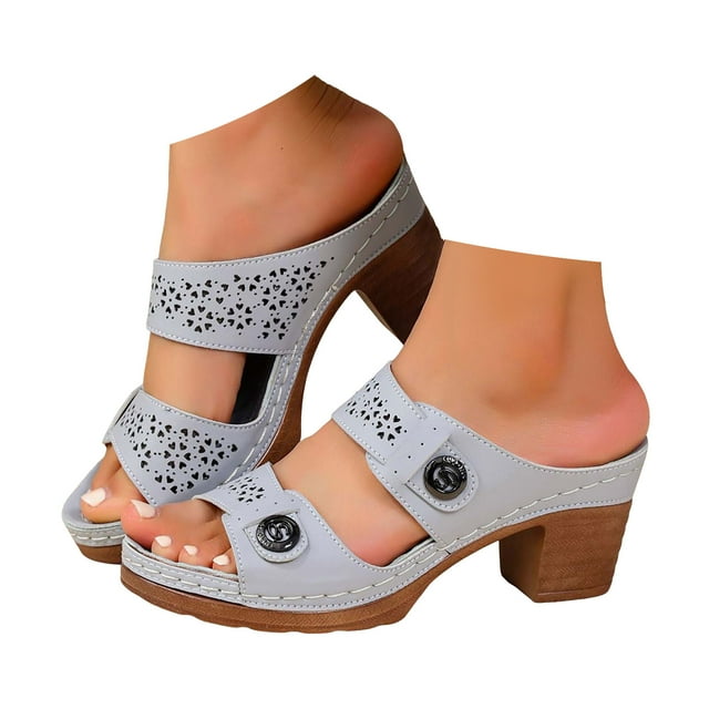 Dakaela Chunky Heel Sandals for Women Platform Dressy Open Toe Slip on Wedge Pumps Summer Work Shoes Grey