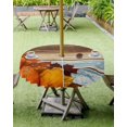 thumbnail image 3 of Rustic Blue Brown Fall Outdoor Tablecloth - 60 Inch Round Dining Table Cover, Thanksgiving Orange Pumpkins Waterproof Outdoor Table Cloth with Umbrella Hole & Zipper for Picnic/Patio/Party, 3 of 5