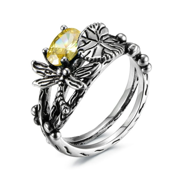 Women's Creative Dragonfly Lotus Retro Thai Silver Inlaid Topaz Ring