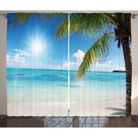 Mother Of Pearl Panels Summer Curtains 2 Panels Set, Tropical Paradise Beach with Coconut Palms Crystal Ocean Clear Sky, Window Drapes for Living Room Bedroom, 108W X 84L Inches, Sky Blue Fern Green Pearl, by Ambesonne ()
