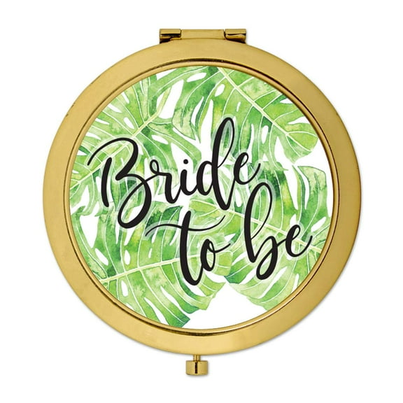 Koyal Wholesale Compact Mirror Bride to Be Wedding Gift, Gold, Tropical Monstera Palm Leaves, 1-Pack