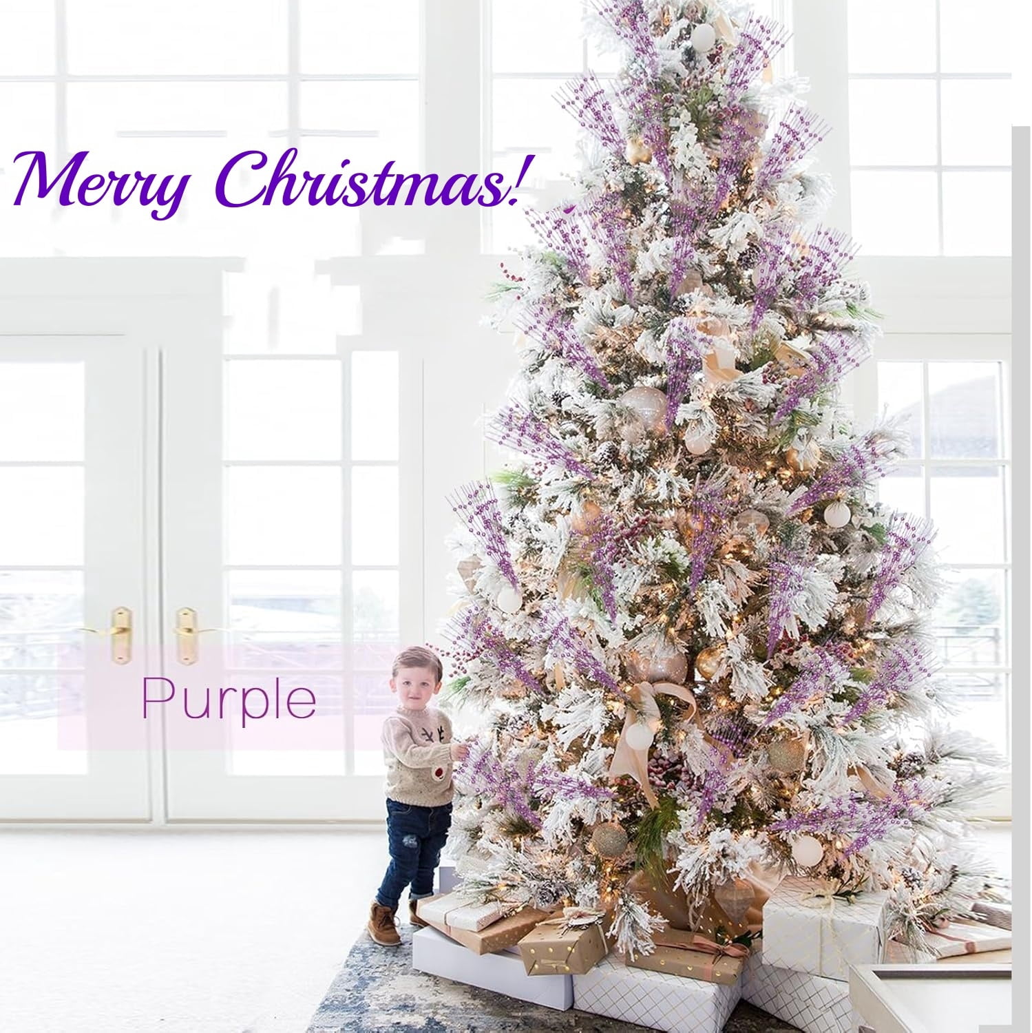 LQQBOX 30 Purple Artificial Glitter Berry Stems 19.7" Fake Christmas Picks Decorative Glitter Sticks for Christmas Tree DIY Wreath Crafts Fireplace Decor