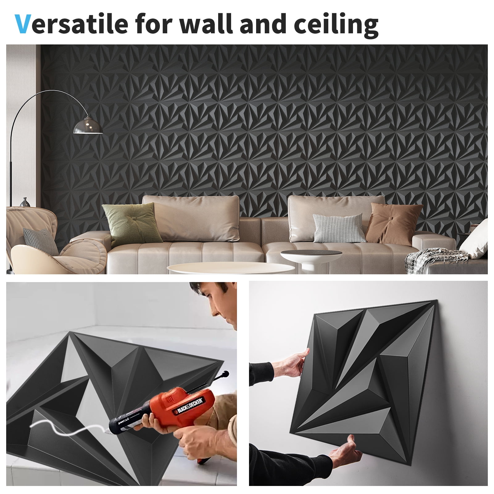 20PCS 11.8'' x 11.8'' 3D Wall Panels for Interior Wall Decor,Black Diamond Textured Accent PVC Wall Paneling for Gaming,Living Room,TV Wall Background,19.3sq.ft.