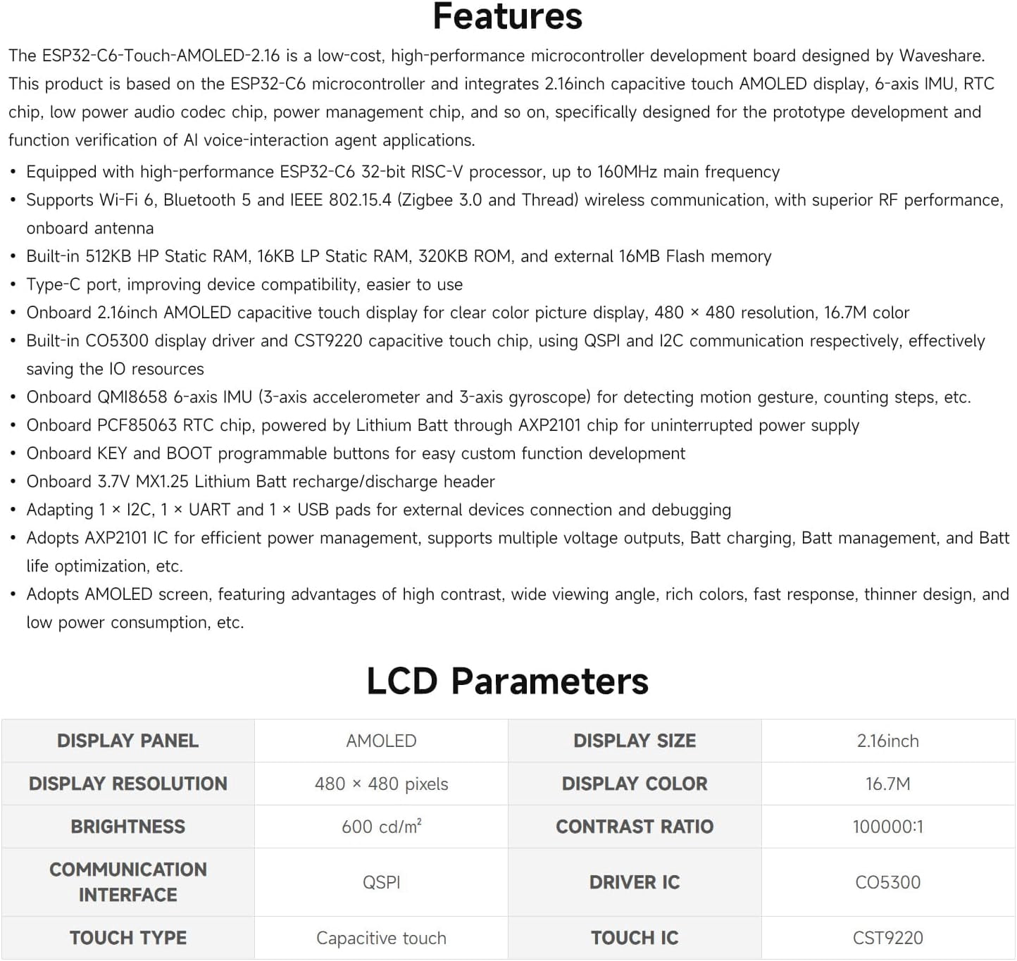 ESP32-C6 2.16inch AMOLED Display Touch Screen Development Board, 480 × 480 Resolution, 16.7M Color, Supports Dual Microphones, Wi-Fi 6 and BLE 5, No BAT