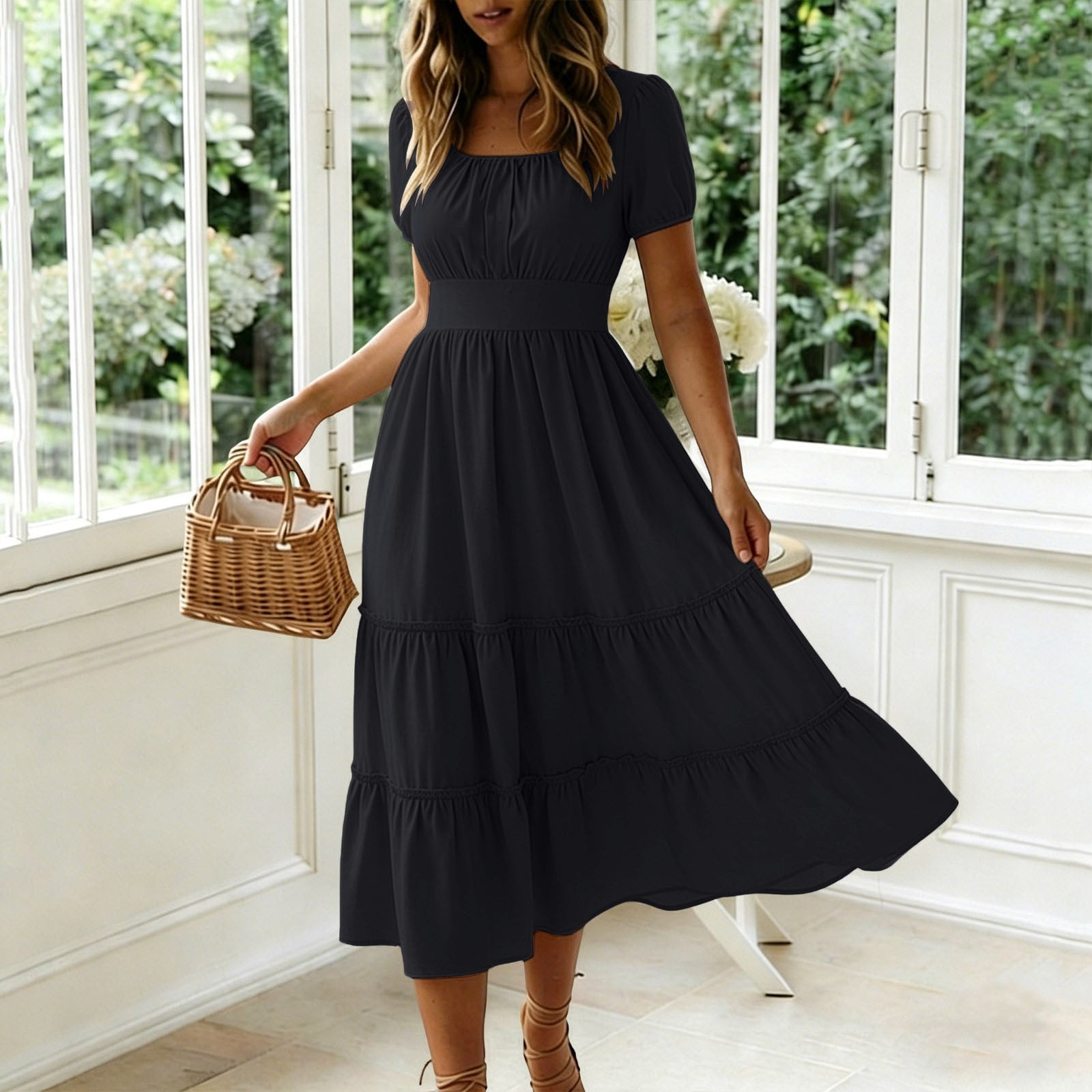 Women's Solid Color Square Neck Short Sleeve Midi Dress Summer