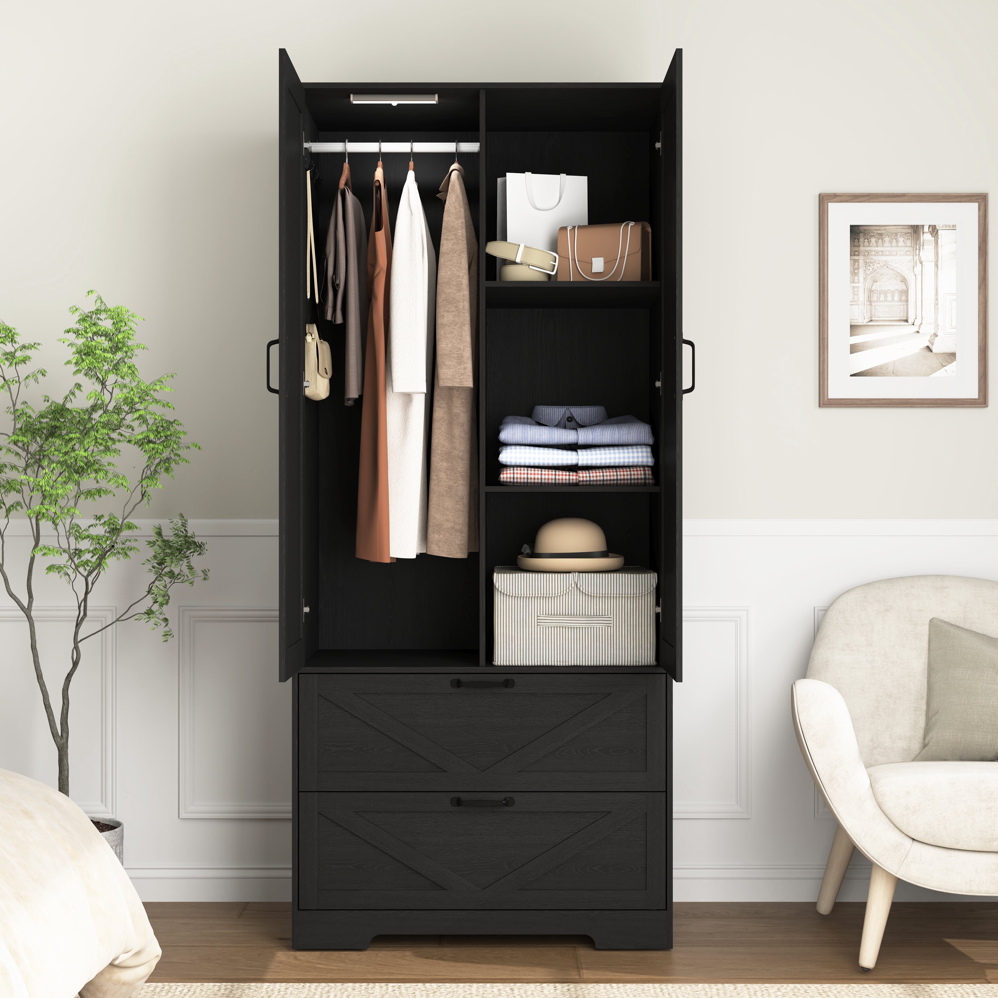 Mintazer 71" Tell Wardrobe Armoire with Mirror Door & 2 Large Drawers and Built-in Induction Light, Freestanding Clothing Storage Cabinet with Hanging Rod & Shelves for Bedroom, Black