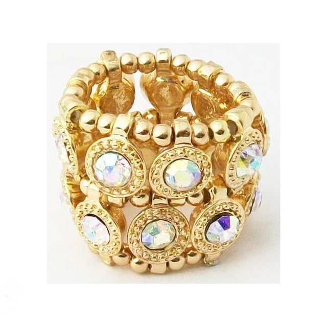 Goldtone Auroroa Borealis Cristal 2 Rangées Disque Bague de Mode Extensible