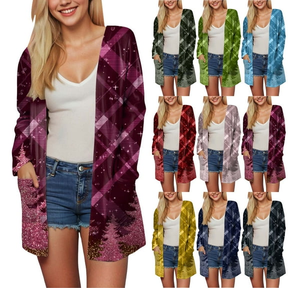 TTUHYWXI Women Christmas Cardigan Xmas Tree Plaid Shirt Knitting Long Sleeve Open Front Outwear Knitted Sweaters Coat Holiday Top (Light Purple, S)