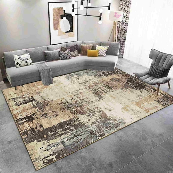 Machine Washable Area Rug 5x7 with Anti-Slip Backing Abstract Living Room Carpet Design 7775 Color Beige